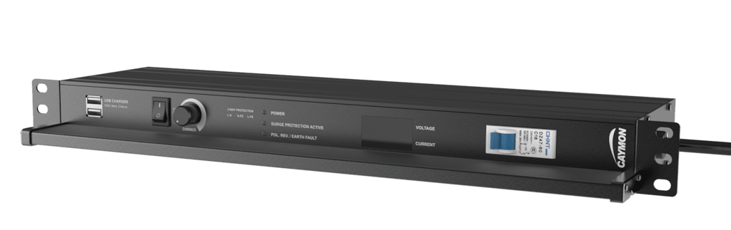 CAYMON - PSR529G/B - 19" power distribution - 9 x German sockets - Light/USB/Fuse/Surge/Display - Black version