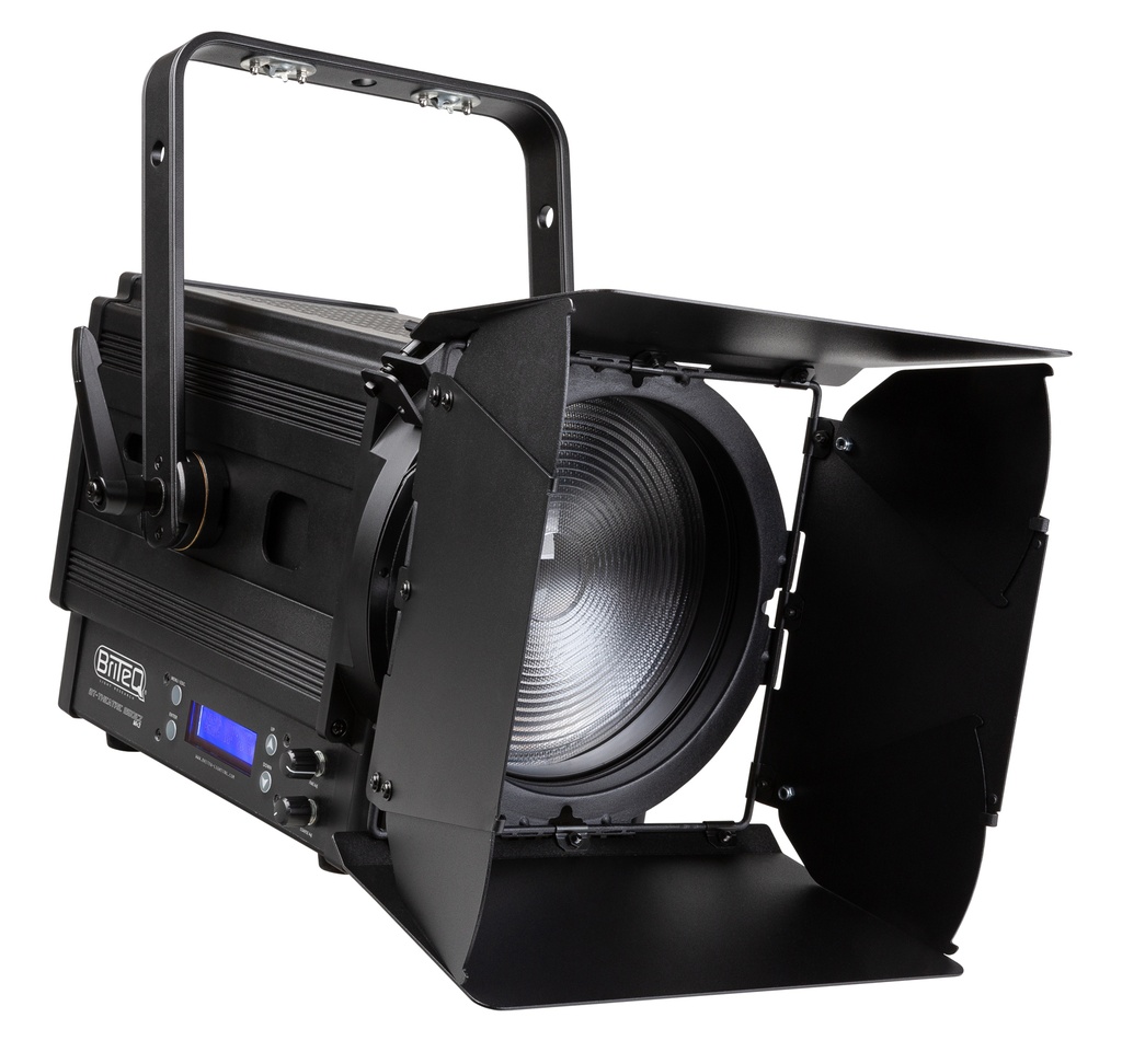 BRITEQ - BT-THEATRE 250EZ Mk3 - Very powerful 250Watt LED theater spot with motorized 11° to 58° zoom  and excellent very low noise cooling.  
Behaves like a halogen Fresnel, thanks to redshift / amber drift effect!