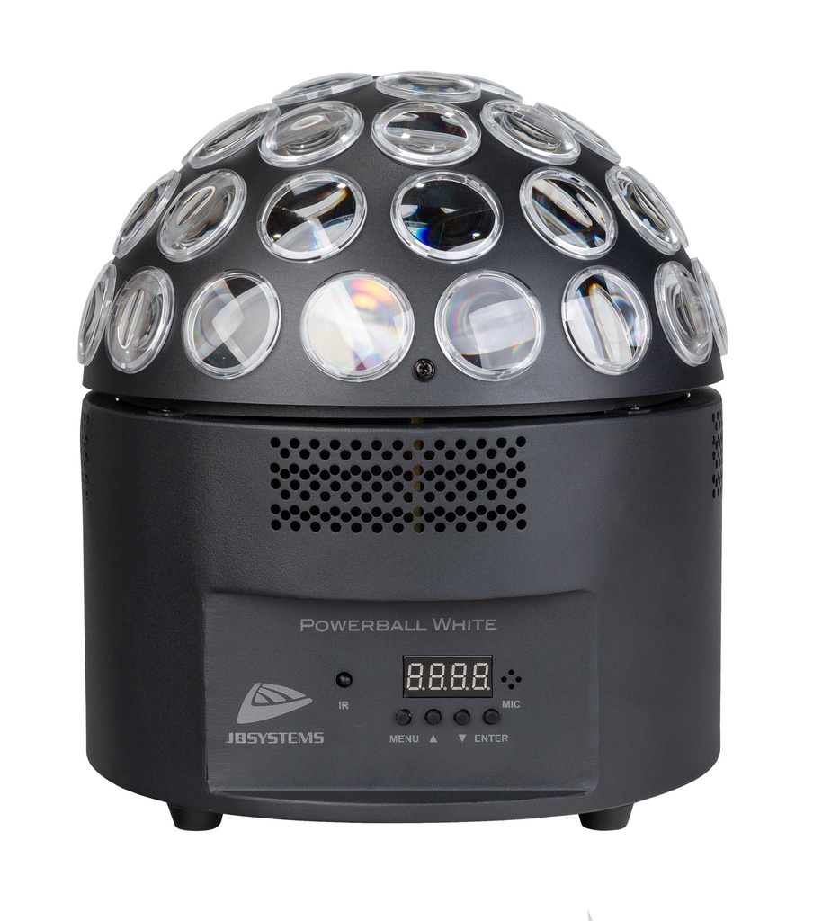 JB SYSTEMS - POWERBALL WHITE - Powerful 200W LED alternative to the classic mirror ball with pin spots!
DMX controlled cold & warm white spinning beams.