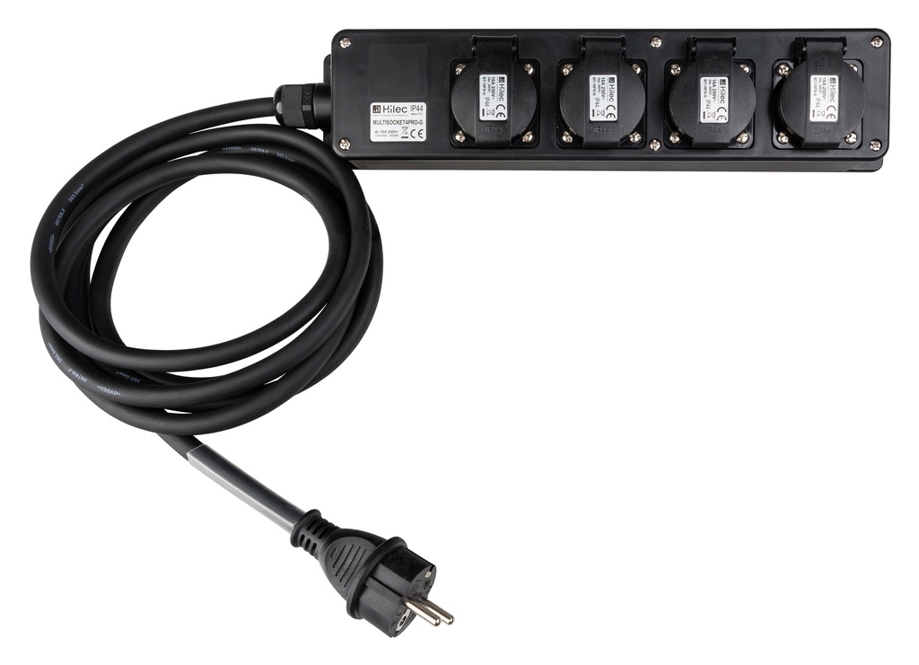 HILEC - MULTISOCKET4PRO-G-3M - Professional power distribution box with 4 covered sockets  with flexible rubber cable and transparent heat shrink for custom labels.