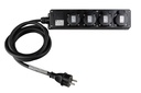 HILEC - MULTISOCKET4PRO-F-5M - Professional power distribution box with 4 covered sockets  with flexible rubber cable and transparent heat shrink for custom labels.