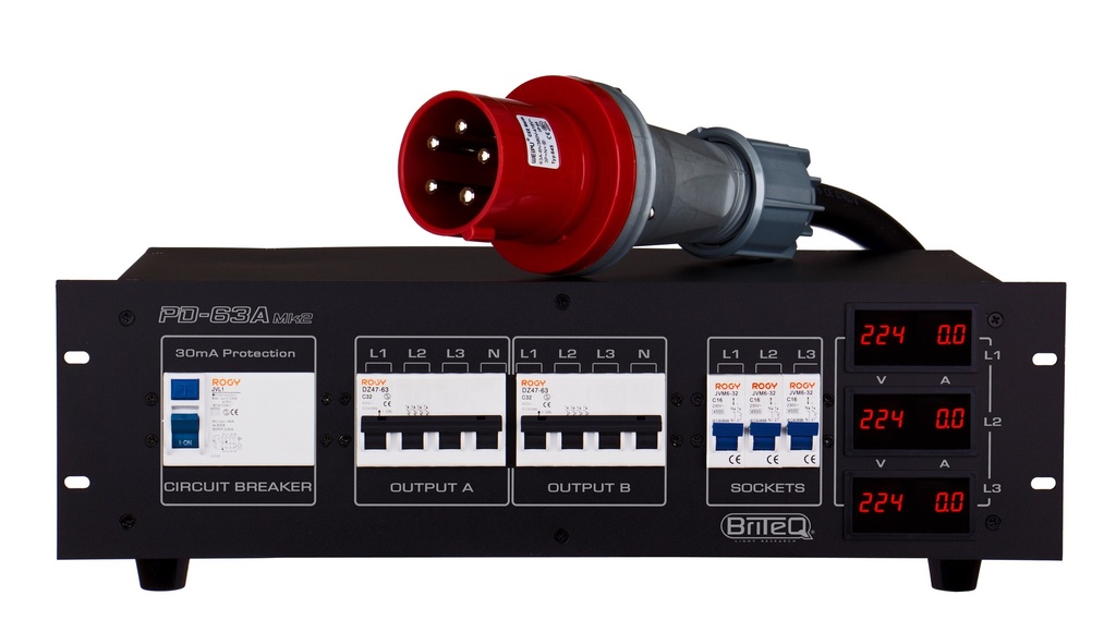 BRITEQ - PD-63A Mk2 / FRA-BEL - This 3-phase power distributor is designed to improve safety in both mobile, rental and fixed installations.