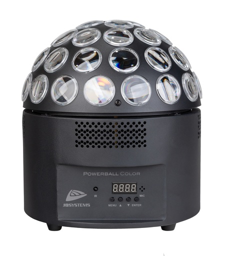 JB SYSTEMS - POWERBALL COLOR - Powerful 200W LED alternative to the classic mirror ball with pin spots!
Produces DMX, manual or sound controlled colorful spinning beams.