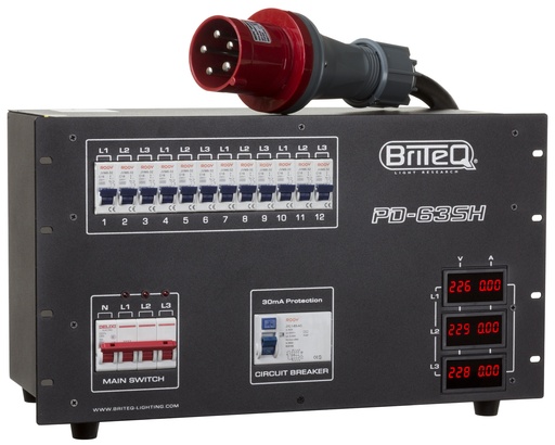 BRITEQ - PD-63SH/GERMAN - 3-phase power distributor with different outputs for maximum flexibility (rental companies!): 12x 16A mains outlet sockets + 2x 16PIN + 2x 19PIN industrial connectors.