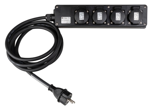 HILEC - MULTISOCKET4PRO-G-3M - Professional power distribution box with 4 covered sockets  with flexible rubber cable and transparent heat shrink for custom labels.