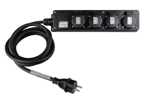 HILEC - MULTISOCKET4PRO-F-5M - Professional power distribution box with 4 covered sockets  with flexible rubber cable and transparent heat shrink for custom labels.