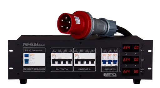 BRITEQ - PD-63A Mk2 / GER-NL - This 3-phase power distributor is designed to improve safety in both mobile, rental and fixed installations.